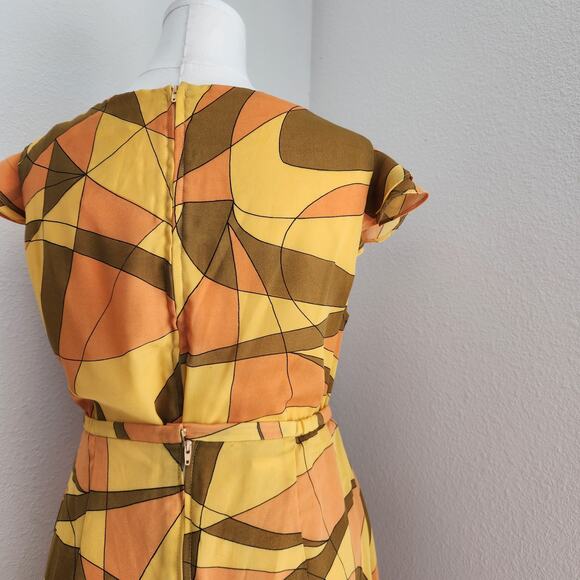Vintage 70s Borrellini Abstract Cowl Neck Top and Skirt Set Yellow Orange M L - Picture 7 of 10